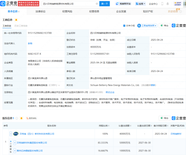 爱配资  贝特瑞等成立新能源材料公司，注册资本4亿元